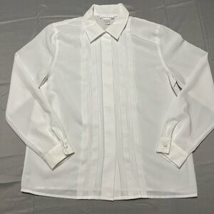 Vintage 80s 90s Susan Hutton white pin-tuck blouse secretary, tuxedo pleated Top